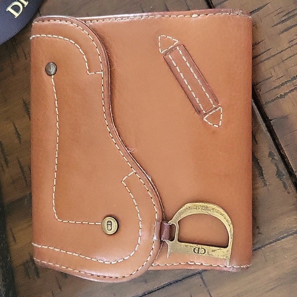 Vintage Christian Dior Saddle Wallet in Tan Leather w/ Brass “D” Charm - Italy
